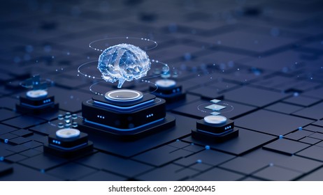 Artificial intelligence AI neural network digital brain machine deep learning processing big data analysis technology connection mining chipset on Circuit board futuristic. 3d rendering.