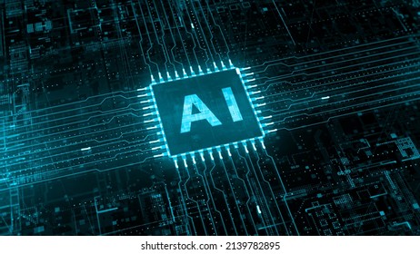 Artificial Intelligence AI On Circuit Board. Future Technology Concept Visualization. Big Data Transmission Connection. Technology Digital Data Network Abstract Background. 3d rendering