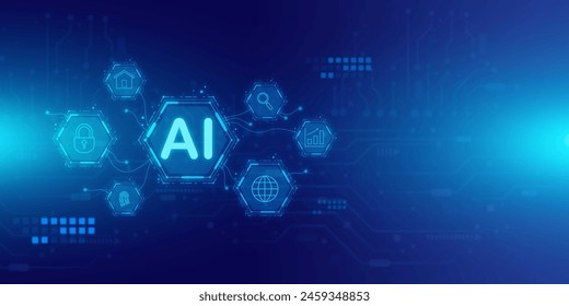 Artificial intelligence Ai self learning improving development problem solving solution tasks of future technology, ai graphics computer chip brain memory power, futuristic blue abstract background.