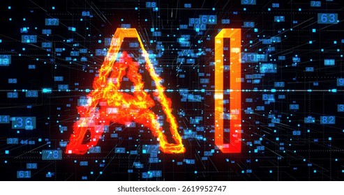 Artificial Intelligence, AI title in fire. Technology big Data Network Abstract Background, Future Concept Visualization, Transmission Connection with numbers