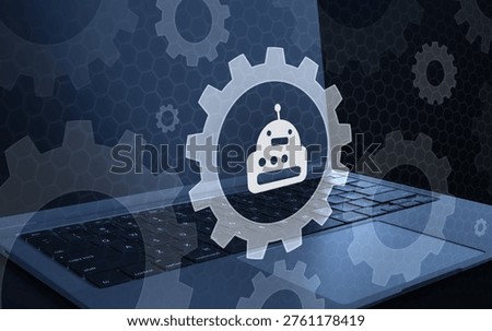 Artificial intelligence and bot settings 3D illustration with a gear icon and robot symbol on a laptop background illustrating automation configuration AI assistant preferences machine learning setup and digital robotic system management for future tech