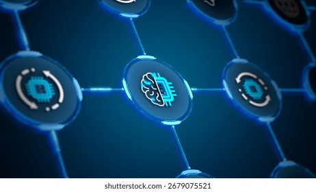 Artificial intelligence brain chip connected in a digital network system illustrating futuristic technology integration and smart data flow