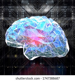 Artificial intelligence brain with red neuronal connexions, on an electronic background. 3d illustration