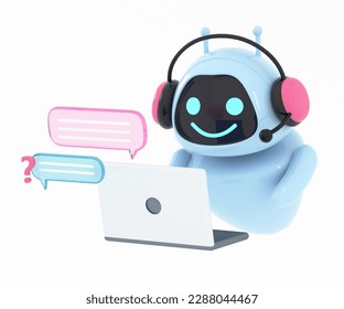 Artificial intelligence chatbot, chatting and answering people's questions. AI robot, using neural network, new technology, online messaging and support concept. 3d render illustration.