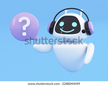 Artificial intelligence chatbot holding question mark in speech bubble. AI robot smiling coming up with answer. Chat bot, conversation or communication with technology concept. 3d render illustration.