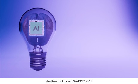 Artificial intelligence chip glowing inside light bulb over purple background