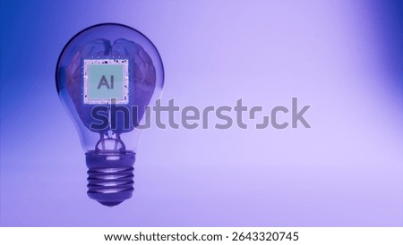 Artificial intelligence chip glowing inside light bulb over purple background