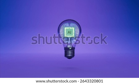 Artificial intelligence chip glowing inside light bulb over purple background