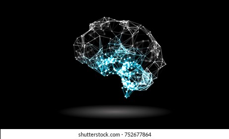 Artificial intelligence concept: plexus lines and dots forming a human brain. Abstract futuristic science and technology background. Depth of field settings. 3D rendering. 