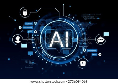 Artificial intelligence concept showing digital chatbot icons, neural interface elements in blue glowing modern style on dark tech background, 3D Rendering
