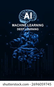 Artificial intelligence concept showing machine learning and deep learning applied in protein structure analysis and bioinformatics. Futuristic technology for biotechnology, drug discovery, genomics.