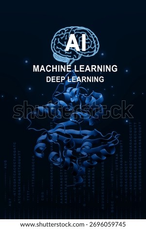 Artificial intelligence concept showing machine learning and deep learning applied in protein structure analysis and bioinformatics. Futuristic technology for biotechnology, drug discovery, genomics.