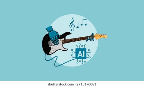 Artificial Intelligence Creating Music - Robot Hand Playing Electric Guitar, AI Music Generation and Creative Technology, Digital Sound Innovation and Production - Powered by Shutterstock - Get 15% off with code: PIKWIZARD15