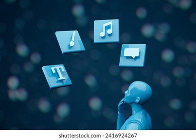 Artificial intelligence and creativity concept. AI creative services - copywriter, image generators, music, chatbot. AI represented by humanoid in thinking gesture.