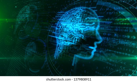 Artificial intelligence, deep machine learning and cyber mind concept 3d illustration. Face shape hologram with futuristic cybernetic brain on digital background. Deep brain stimulation metapho