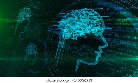 Artificial intelligence and deep machine learning concept. Face shape hologram with cybernetic mind on digital background. Deep brain stimulation 3d illustration.