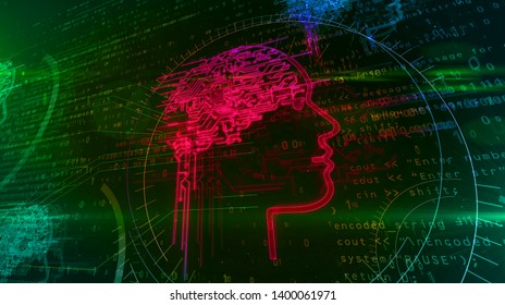 Artificial intelligence and deep machine learning concept. Face shape hologram with cybernetic mind on digital background. Deep brain stimulation 3d illustration.