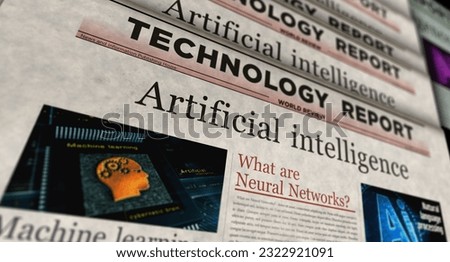 Artificial intelligence deep machine learning vintage news and newspaper printing. Abstract concept retro headlines 3d illustration.