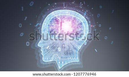 Artificial intelligence digital brain on grey background 3D rendering