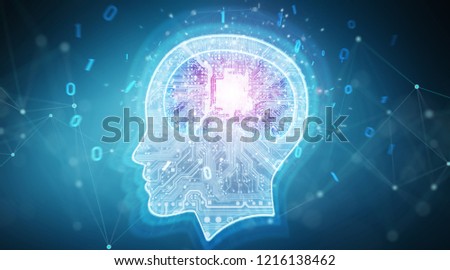 Artificial intelligence digital brain on blue background 3D rendering