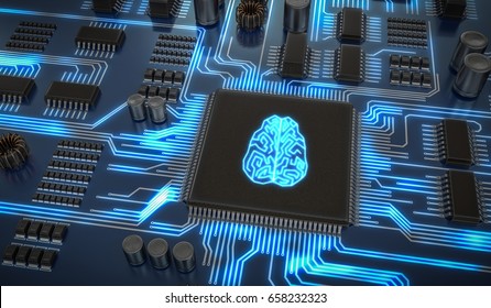 Artificial intelligence electronic circuit. Microchip with glowing brain. 3D rendered illustration.