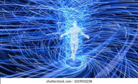 Artificial Intelligence Figure In The Center Of Blue Energy Vortex. 3d Illustration