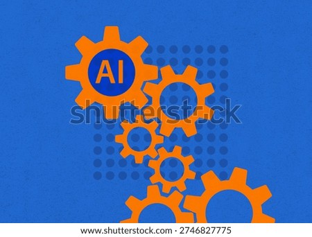Artificial intelligence gears concept with vibrant orange cogwheels on blue textured background, modern technology illustration representing automation, digital innovation and smart industry systems.