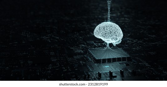 Artificial Intelligence hardware concept. 
Glowing brain circuit on computer motherboard. 
big data processing, ai trading, machine learning, technology, 3D illustration, 3D rendering.