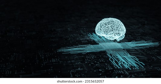 Artificial Intelligence hardware concept. 
Glowing brain circuit on computer motherboard. 
big data processing, ai trading, machine learning, technology, 3D illustration, 3D rendering.
