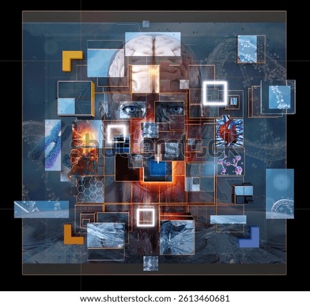 Artificial intelligence human brain integration, digital neural networks, biotechnology, cognitive data elements. AI, neuroscience, neuro technology, BCI, machine learning, 3D futuristic background
