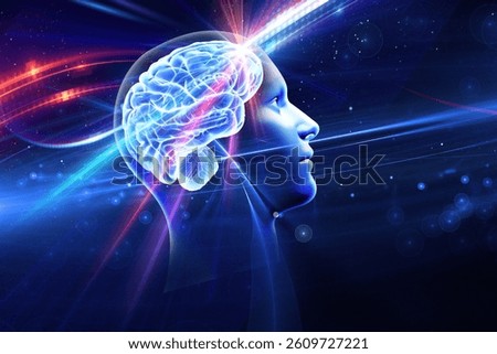 Artificial intelligence. Human life. Digital art. 3d illustration. New brain. Digital life. Head with brain. Face. Science.