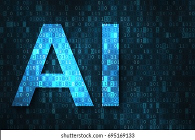 Artificial Intelligence Illustration With Blue Text AI Over Binary Code Matrix Background. Abstract Concept Of Cyber Technology And Automation