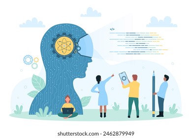 Artificial intelligence illustration. Cartoon tiny people work with smart AI brain in silhouette of abstract human head with digital device, neuro vision and thinking of cyber intellect