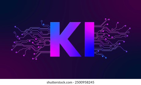 Artificial Intelligence Logo - KI symbol with circuit contact lines - abstract digital technology background - 3D-Illustration