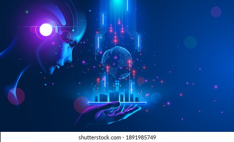 Artificial Intelligence Looking At Smart City, Connected With Planet Through Global Mobile Internet On Phone. AI Control City Infrastructure, Data Traffic, Ensure Safety. World Communication Concept.