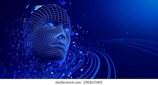 Artificial intelligence Machine Learning. Digital human face. Dispersion dissolve disintegration. 3D Illustration