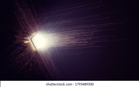 Artificial intelligence, microchip connections, electric pulses and binary codes. 3D illustration.
