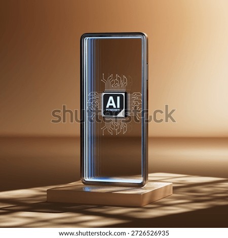 Artificial Intelligence In Mobile Technology Concept. Transparent Smartphone With Glowing AI Chip Standing On Pedestal extreme closeup. 3d Rendering