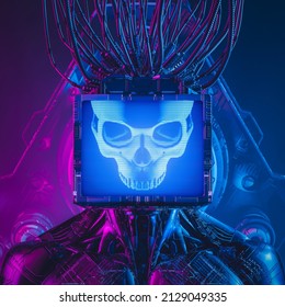 Artificial intelligence monitor head skull - 3D illustration of science fiction robot with glowing computer display face