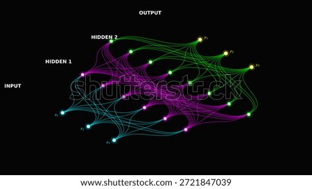 Artificial Intelligence Neural Network Flow Visualization with Multicolored Nodes, Technology Vector Illustration