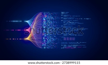 Artificial intelligence neural network generating python code, AI agent programming and data flow technology concept. System architecture. App development.