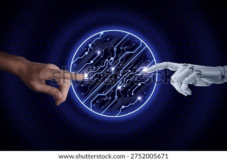 Artificial intelligence neural network, machine learning. Connection between human and robot hands in cyberspace against circuit board pattern