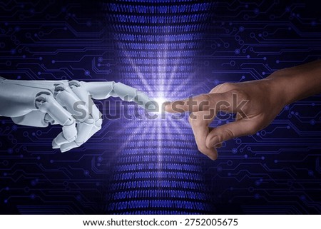 Artificial intelligence neural network, machine learning. Connection between human and robot hands in cyberspace