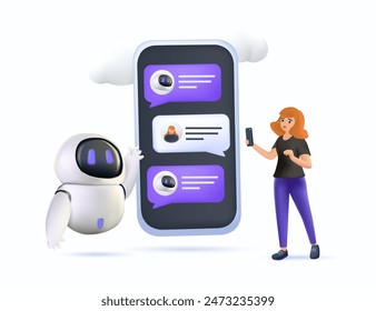 Artificial intelligence, online smart robot, device conversation. 3D Chatbot virtual assistant abstract concept illustration. Media dialog, system project, technology, web software app abstract