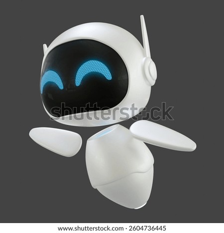 Artificial intelligence personal assistant robot with a flying gesture. Mini robot 3d character