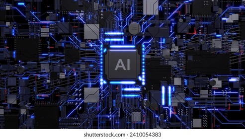 Artificial Intelligence Powered Computer Chip Processing Data. Electrical Signals Flowing. Computer And Technology Related 3D Illustration Render