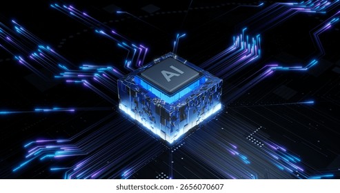 Artificial Intelligence Processor on Circuit Board with Glowing Data Flow