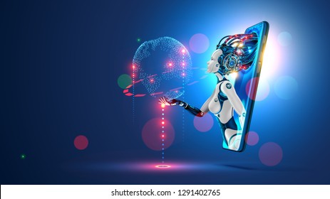 Artificial intelligence provide access to information and data in online networks via smartphone. AI in the form of woman cyborg or bot coming out of the screen phone and offers to use digital mind