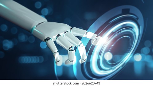 Artificial intelligence robot AI hand touching futuristic network interface control communication data analysing, iot innovation computer system information technology concept. 3d robot illustration - Shutterstock ID 2026620743
