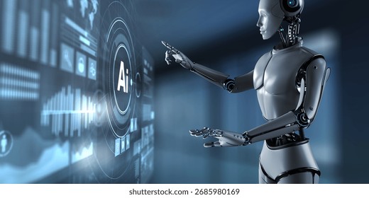 Artificial Intelligence Robot Interacting with Virtual Data Interface and Analytics Dashboard. 3D render.